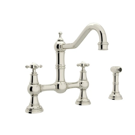 Rohl Edwardian Era Bridge Kitchen Faucet With Sidespray In Polished Nickel, Handle Type: Cross U.4755X-PN-2